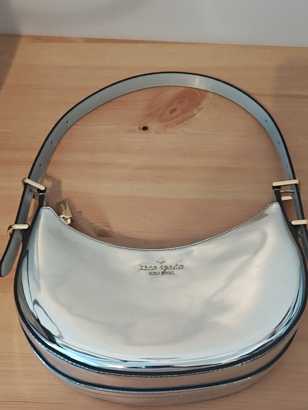 kate spade Metallic Silver Crescent Shoulder Bag with Gold Hardware